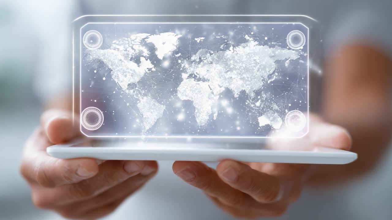 A Person Interacting with a Futuristic Digital Map Projection Displayed on a Tablet, Representing Connectivity and Global Communication in a Modern Era