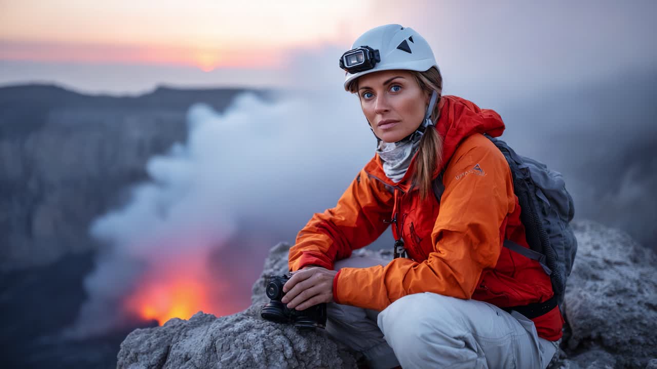 En målrettet kvinde fanger skønheden i et vulkansk landskab ved solnedgang. Hun er iført sikkerhedsudstyr og fokuseret på sit kamera midt i det betagende udbrud.