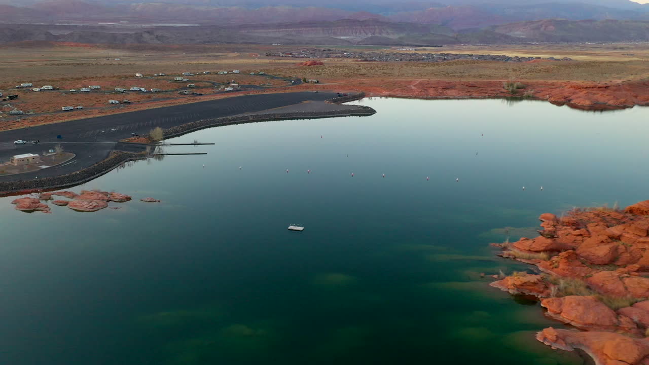 Sand Hollow State Park, Utah, USA. Beautiful aerial shot of Sand Hollow water reservoir. Establishing shot of the area