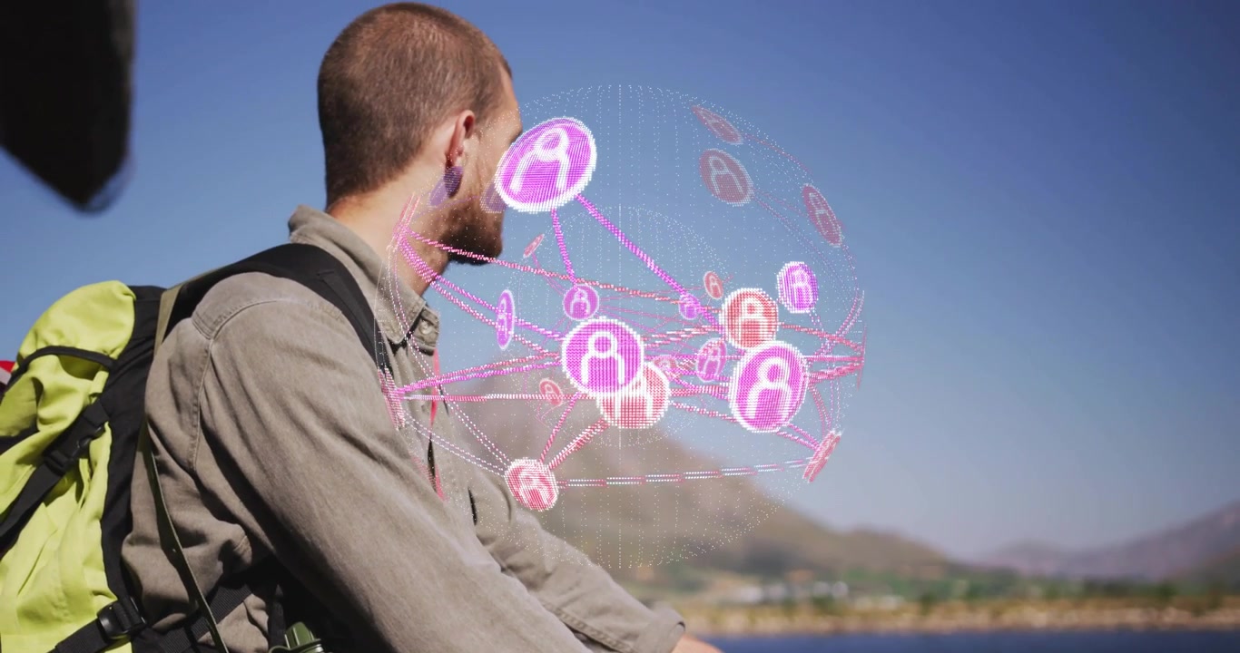 Traveler leaning on railing initiating tech network nodes pulsing and analyzing data over lake