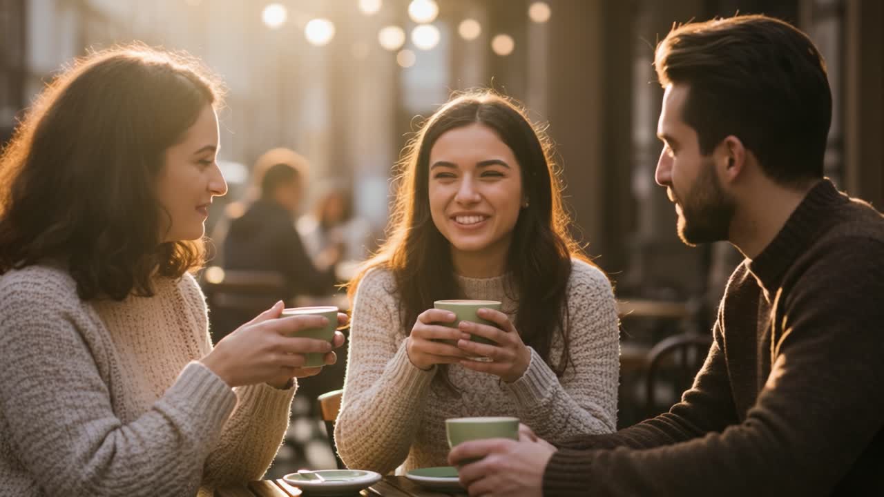 A Joyous Afternoon Gathering: Friends Bonding Over Coffee in a Warm, Sunlit Cafe, Sharing Laughter and Good Vibes on a Cozy Day