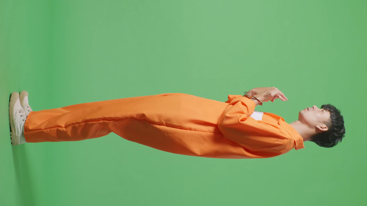 손을 은 아시아 남성 수감자가 녹색 스크린 배경에 서서 손가락으로 자신을 가리키고 화를 내며 머리를 흔들며 무언가에 대해 의심하고 있습니다.