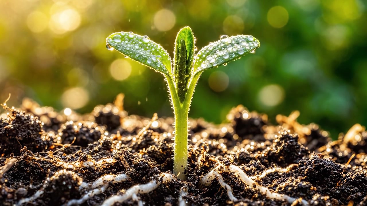 A Vibrant Seedling Emerges from Rich Soil, Bathed in Morning Light, Showcasing Nature's Beauty and Growth Potential in a Dappled Green Background