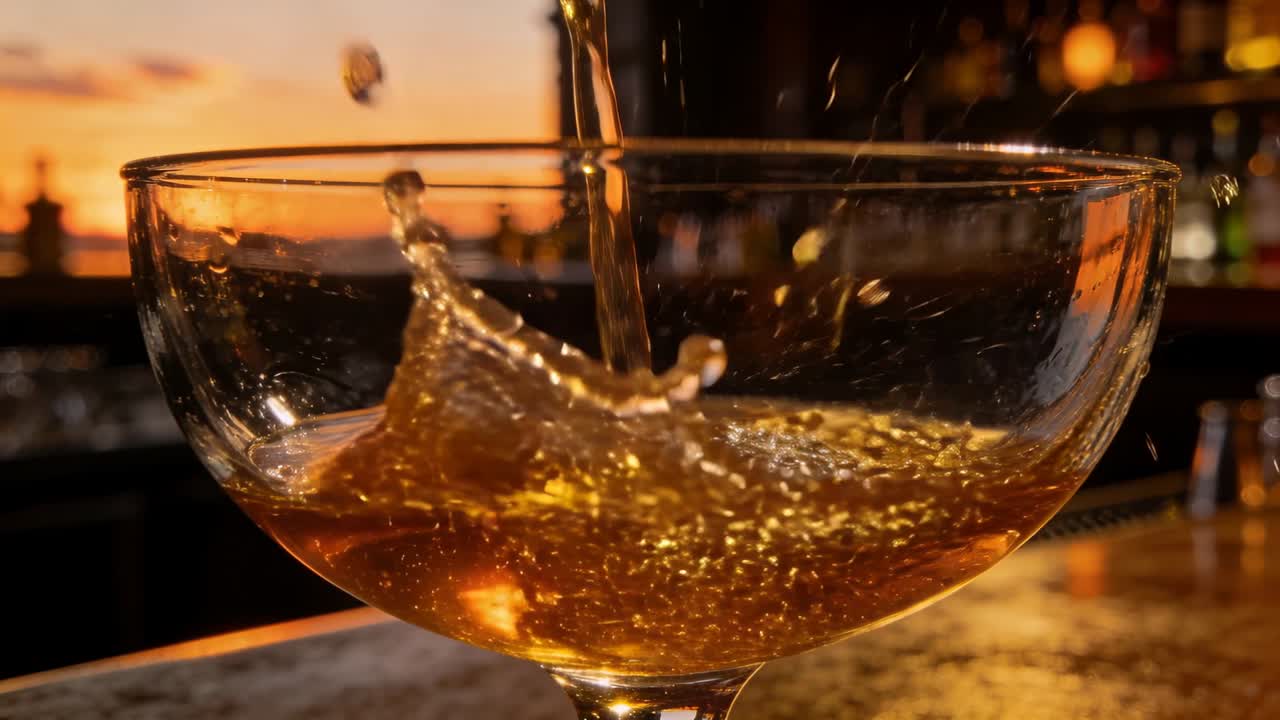 Versando un sottile flusso ambrato da una bottiglia che riempie un bicchiere a coppa su un bancone di marmo, schizzando, per un cocktail.