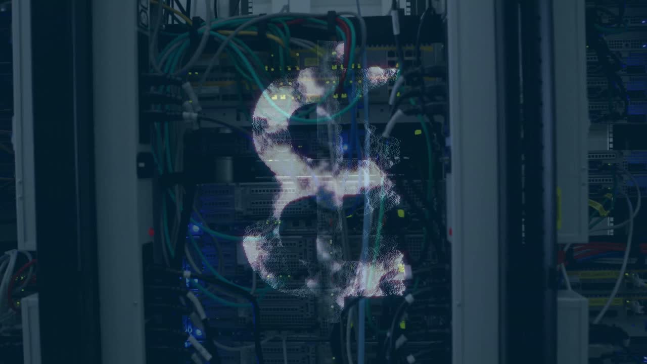 Animation of bitcoin symbol over server room