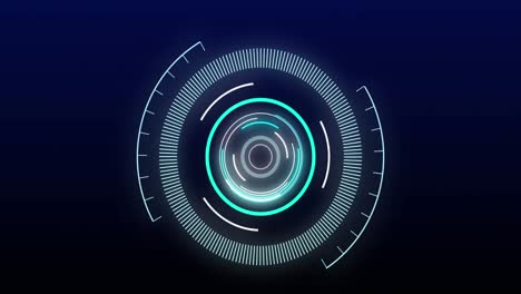 Digital-animation-of-neon-round-scanner-spinning-against-mosaic-squares-on-blue-background