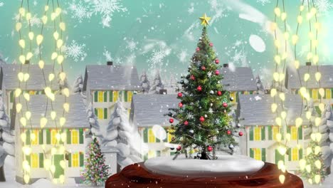 Animation-Von-Schnee,-Der-über-Lichterketten-Und-Einen-Weihnachtsbaum-In-Einer-Schneekugel-Und-Einer-Winterlandschaft-Fällt