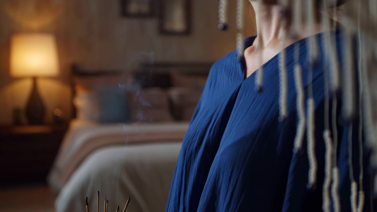 Una vista ravvicinata mostra una persona che indossa un indumento blu all'interno di una camera da letto, con fili pendenti visibili sulla spalla e una calda illuminazione ambientale che crea un'atmosfera interna calma durante un movimento immobile.