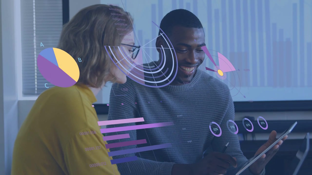 Coworkers leaning in, man tapping tablet, animated charts appearing and updating for analytics