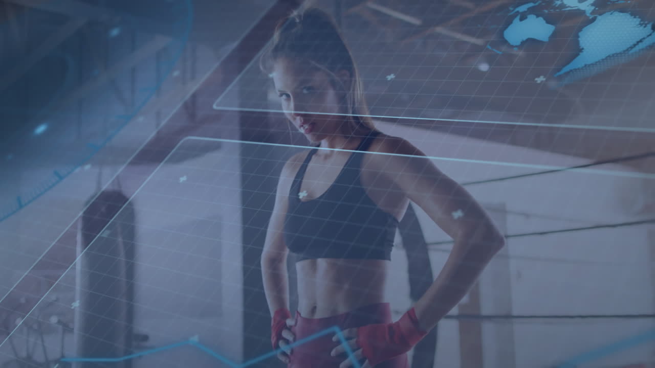 Female boxer posing in boxing ring, displaying tech-driven holographic grid with world-map overlay