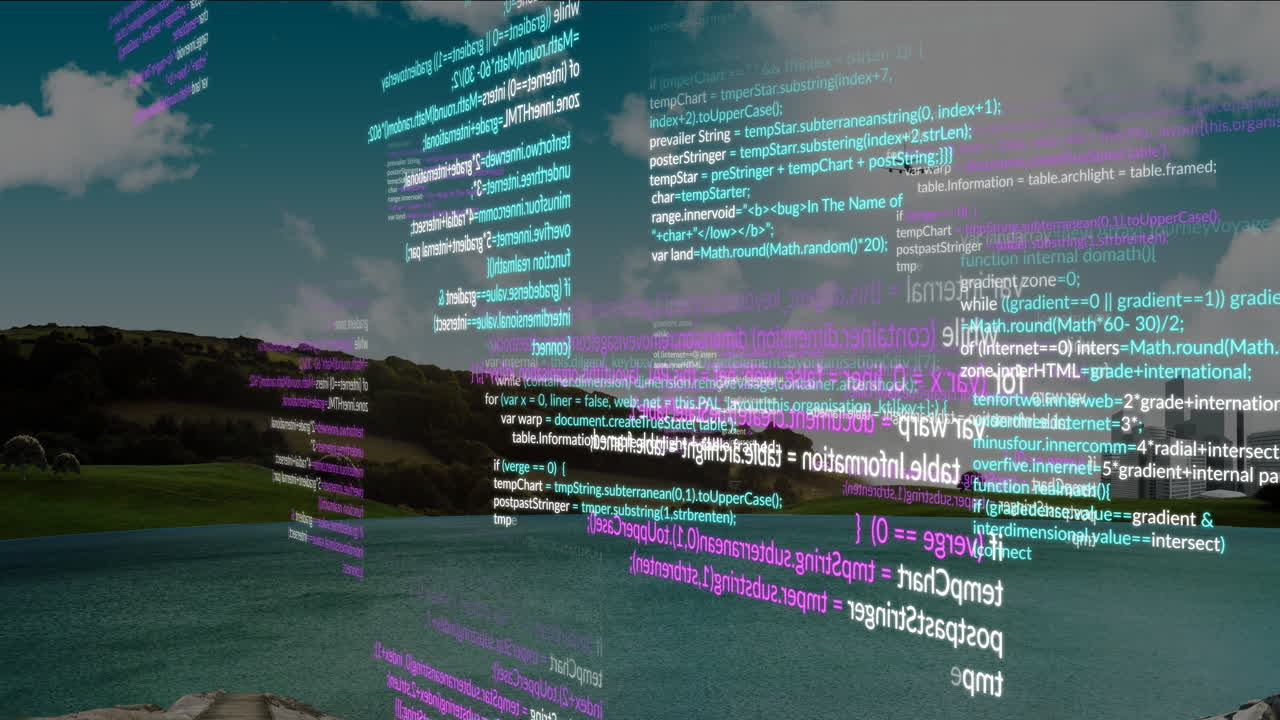 Animation of colorful programming code floating over serene lake and forest landscape