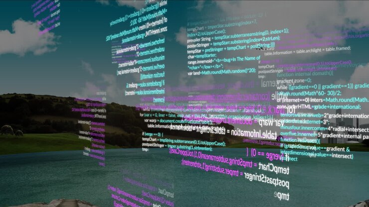 Animation of colorful programming code floating over serene lake and forest landscape