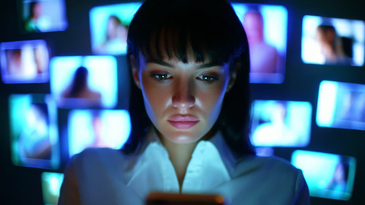 A young woman deeply engaged with her smartphone, illuminated by a colorful array of screens displaying various images in the background, showcasing the impact of technology on modern life and personal connections