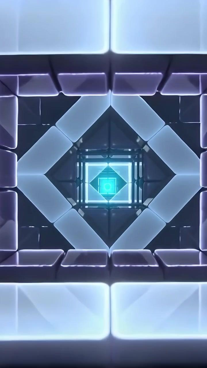 Vertical video: Panning camera showing LED frames in shaft, revealing turquoise cube and mirrors