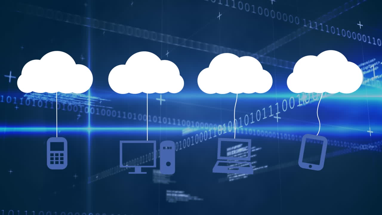 구름 아이콘의 애니메이션과 어두운 배경의 데이터 처리