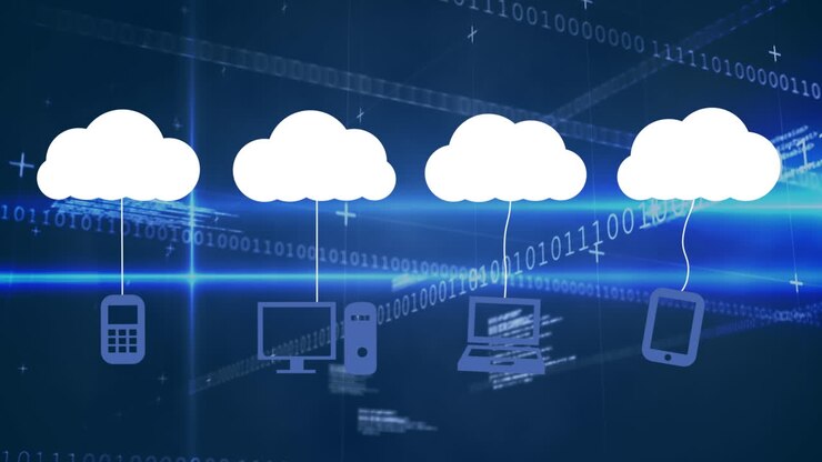 Animation of cloud icons and data processing over dark background