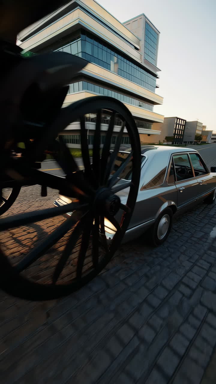 Vintage Carriage and Classic Car on City Street
