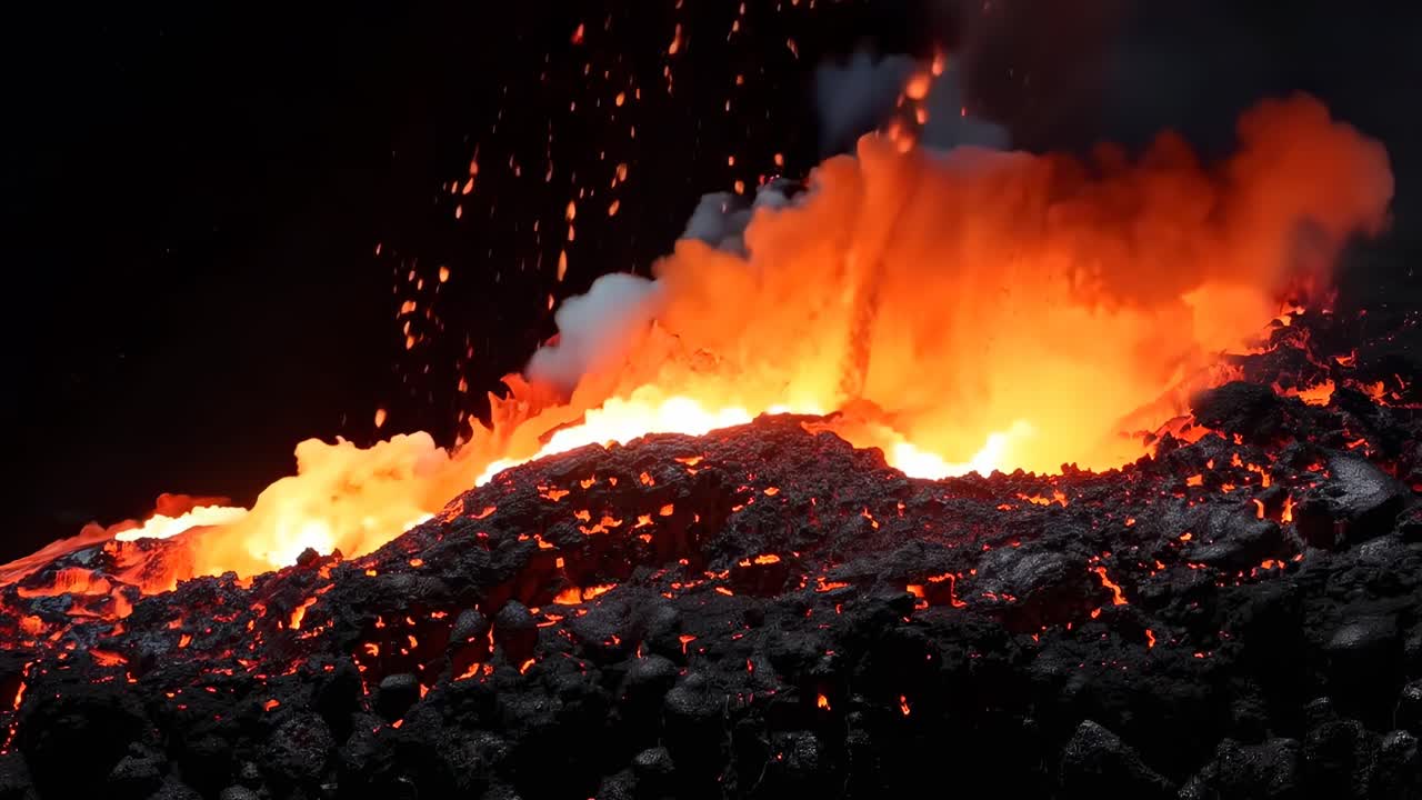Close-up video of molten lava flowing, captured from a low angle