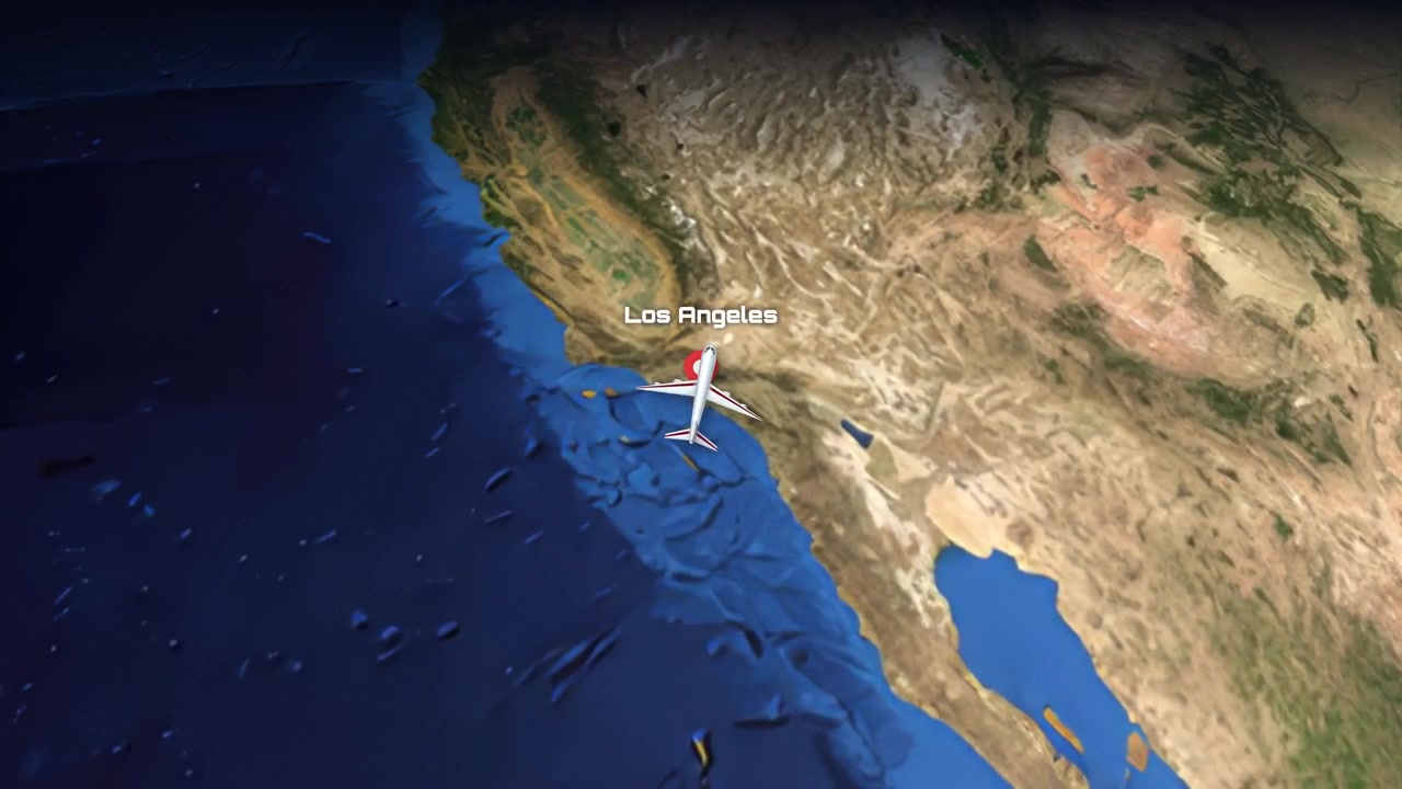 Satellite view animation follows a commercial airplane flying from Los Angeles to Doha across Earth