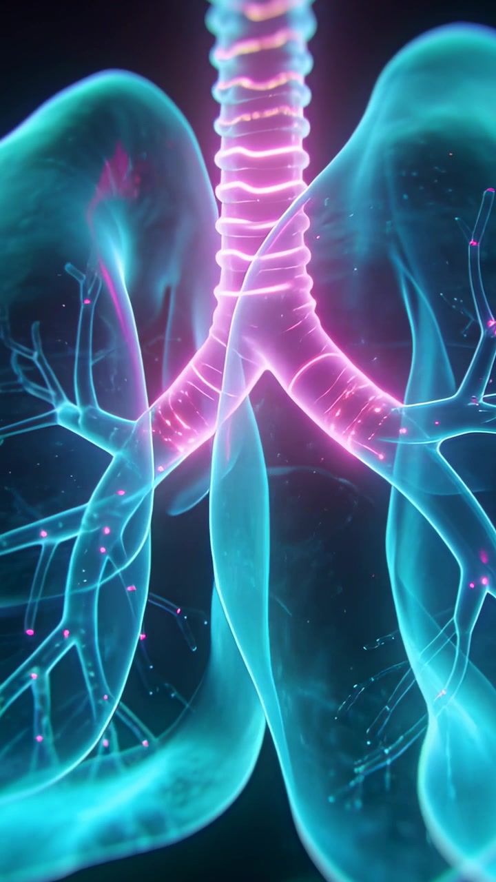 Vertical video: Showing trachea view pulsing front, causing cyan lungs and magenta nodes for study