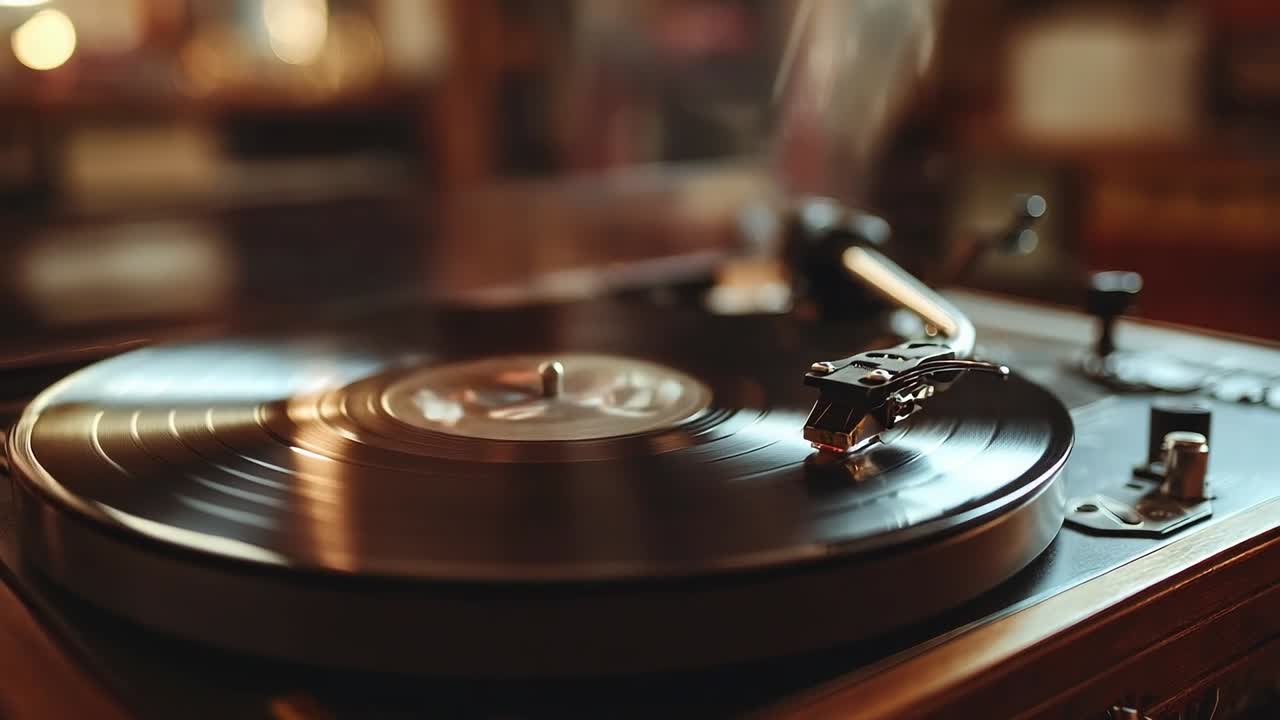Vintage record player spinning a vinyl record in cozy setting