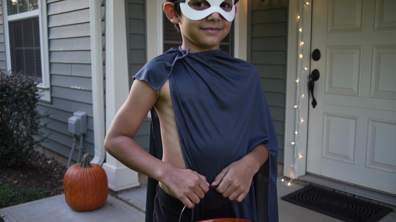 Niño pequeño disfrazado de superhéroe para pedir dulces en Halloween