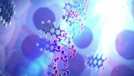 animation of isolated iridescent rainbow digital polygonal dna strand rotating colorful, medical data processing and chemical molecules