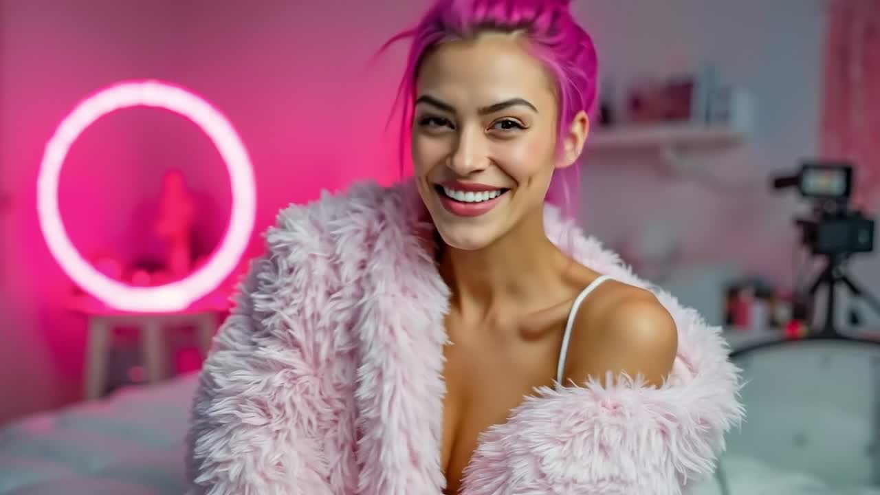 Una donna con i capelli rosa sorride mentre è in piedi davanti a una luce rosa