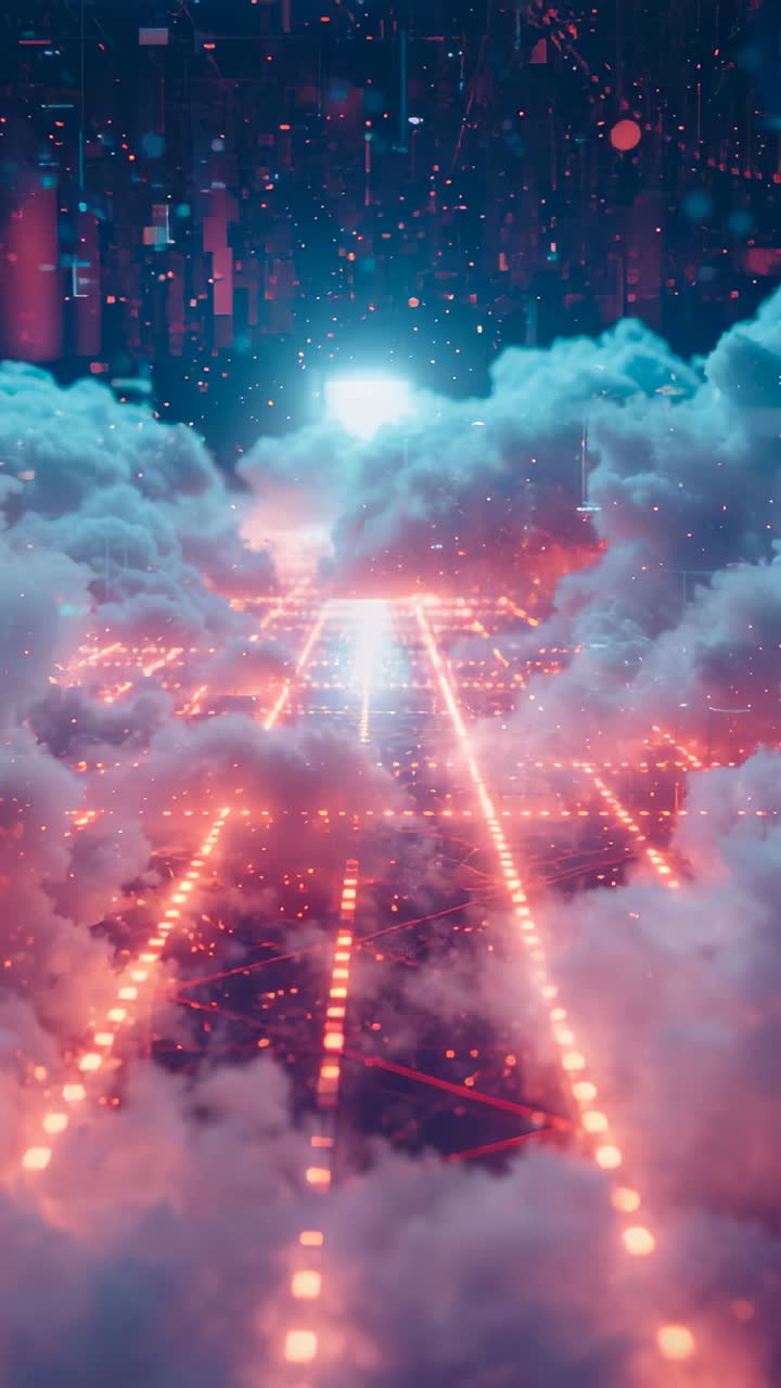 Vertical video: Brightening horizon sparking dotted grid moving onward over clouds showing portal