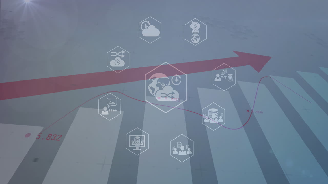 숫자와  ⁇ 은 화살표를 가진 바 그래프 위의 육각형의 아이콘의 애니메이션