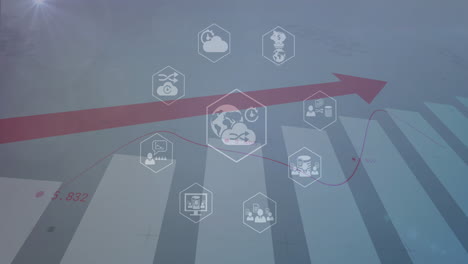 animation of icon in hexagons over bar graphs with numbers and red arrow