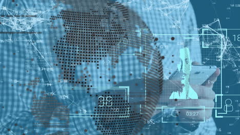animation of globe and data processing over caucasian businessman using smartphone
