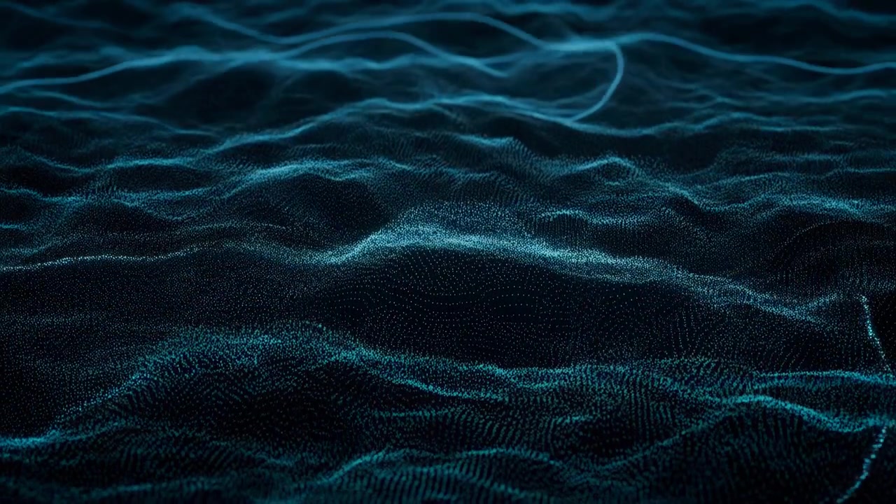 Close-up abstract digital landscape built from dense turquoise points, gentle undulating waves, shallow ridges, luminous contour lines, and deep black negative space, suggesting futuristic data flow