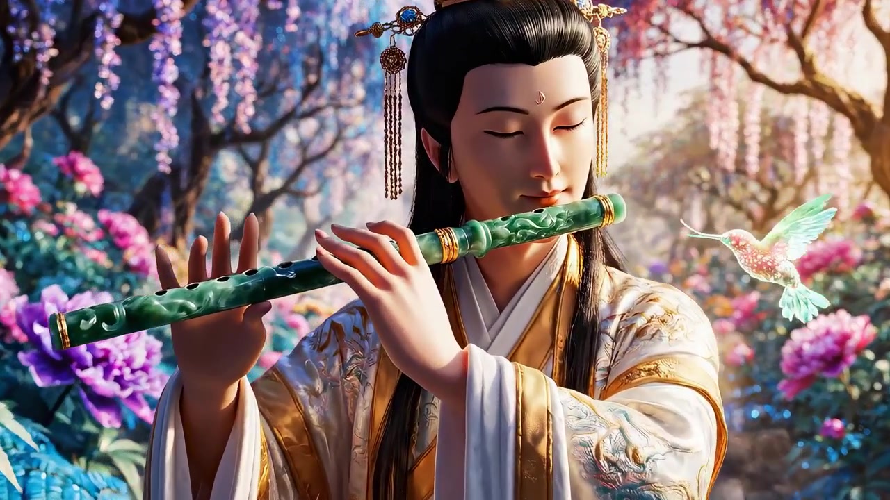Divinità tradizionale cinese che suona il flauto in un magico giardino fiorito