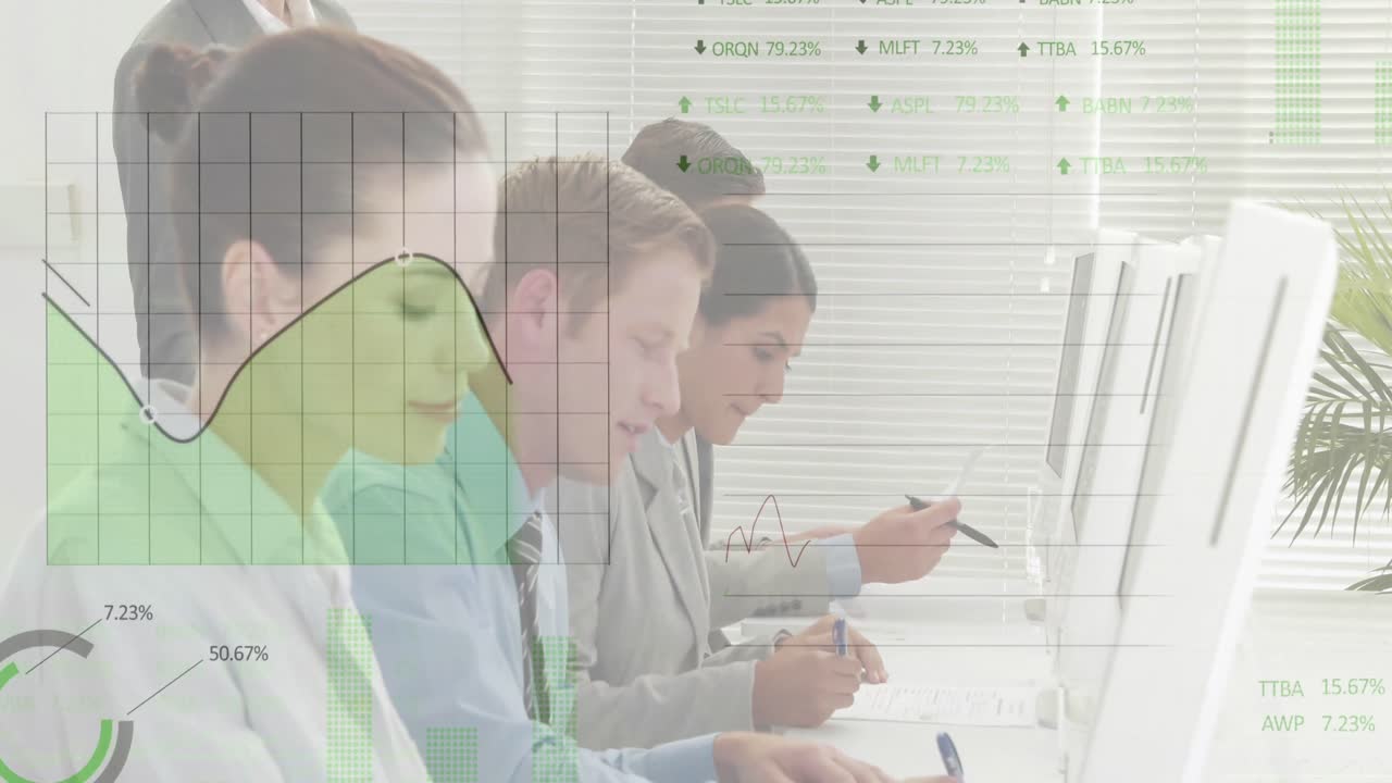 Animation of financial data processing over diverse business people using computer at office