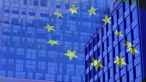 Animation-of-flag-of-european-union-over-high-rise-buildings-in-modern-city