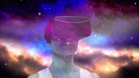 animation of woman wearing vr headset and glowing stars over vibrant coloured clouds