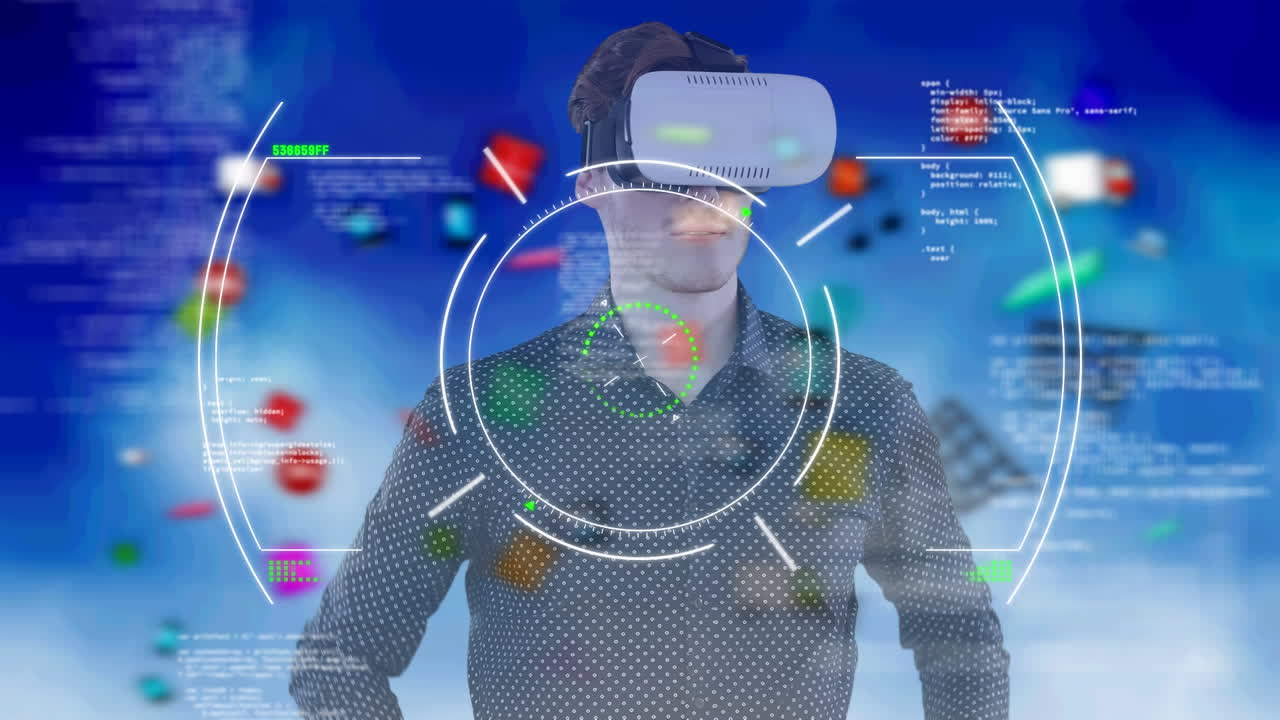 animación del procesamiento de datos, escaneo de alcance sobre el hombre de negocios que lleva auriculares vr