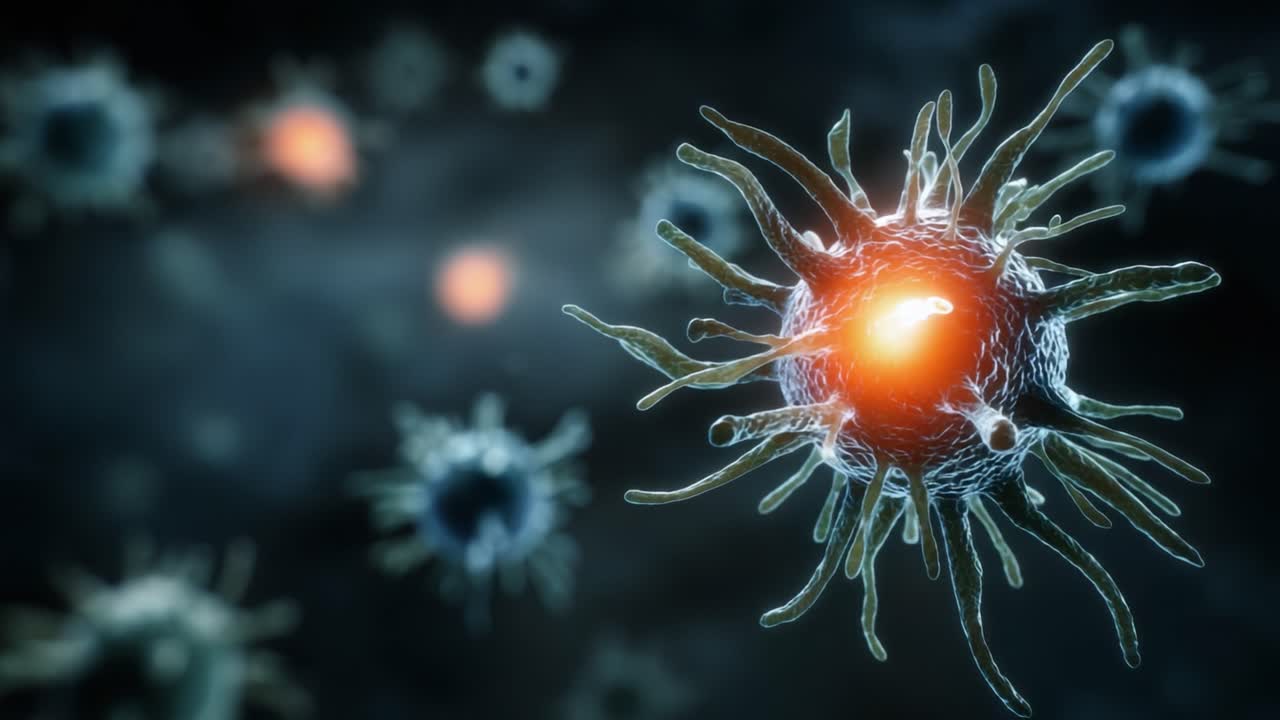 Detaljeret visualisering af mikrobielt liv: Nærbilledstudie af uregelmæssigt formede mikroorganismer i et dynamisk miljø, der fremhæver cellulære strukturer og aktivitet