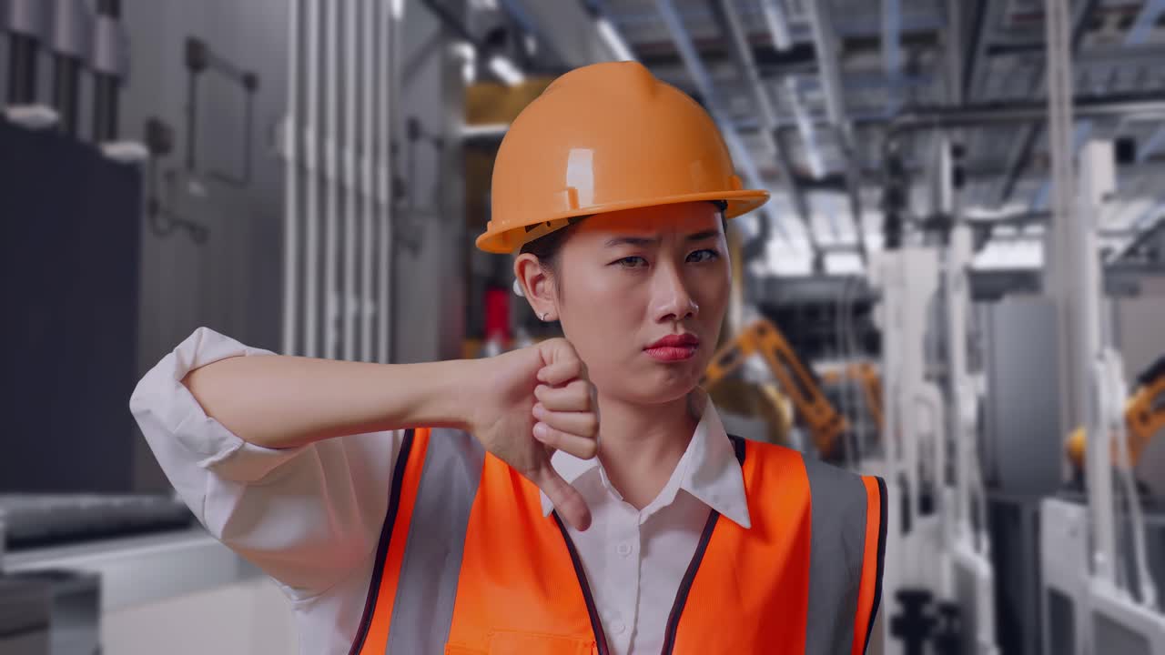 近代的な工場内の自動バッテリー生産ラインで、安全ヘルメットを着用したアジア人女性エンジニアが、立ちながら親指を下げるジェスチャーをし、首を横に振っているクローズアップ。