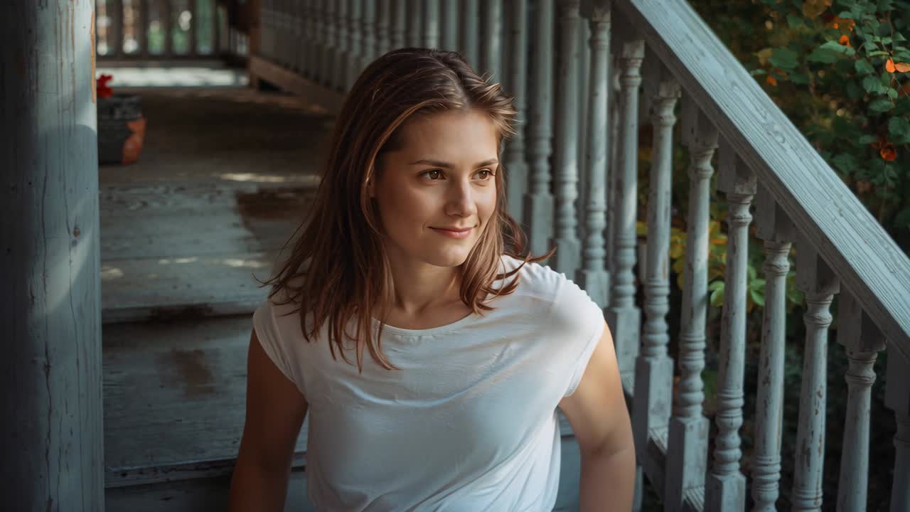 Glancing woman seated wooden porch steps shifting gaze down to right, noting railing and white tee
