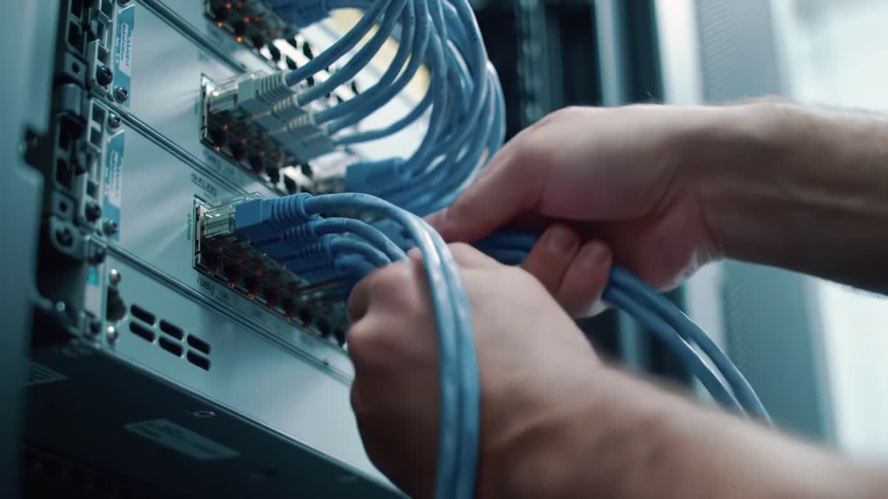 Network Technician Connecting Cables to Server