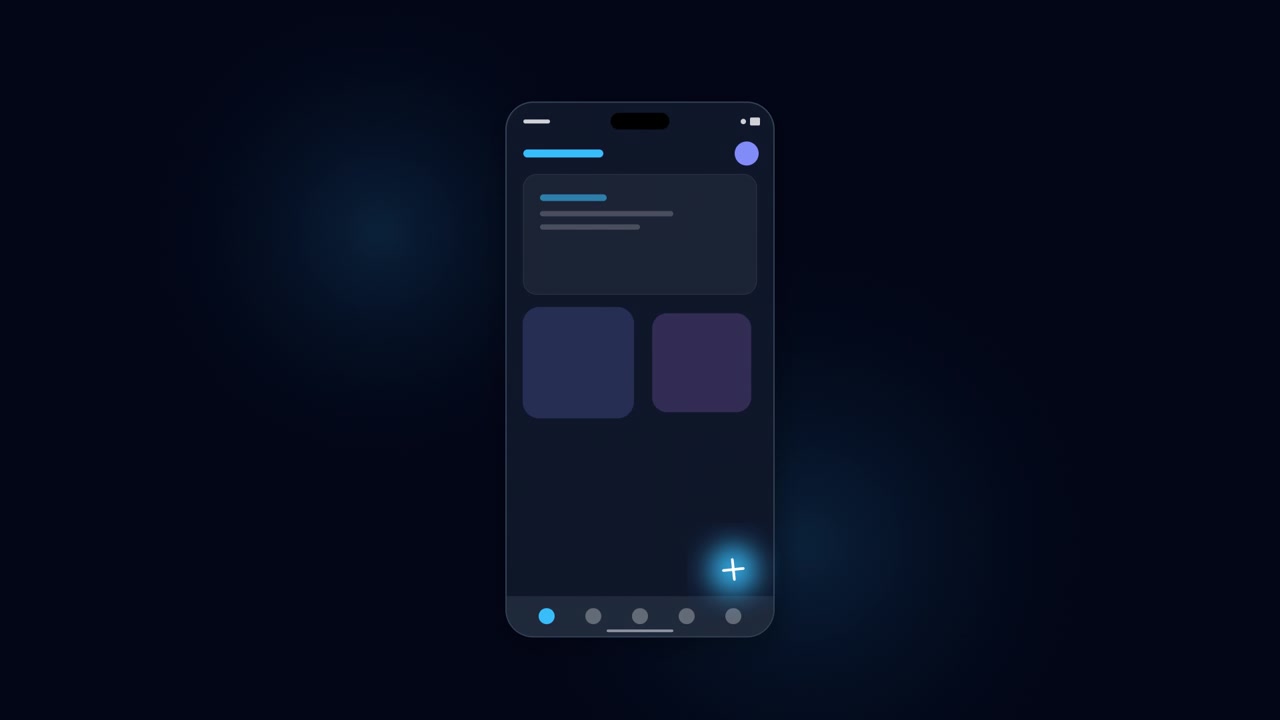 Animazione di caricamento dell'interfaccia di un'app mobile digitale su sfondo scuro