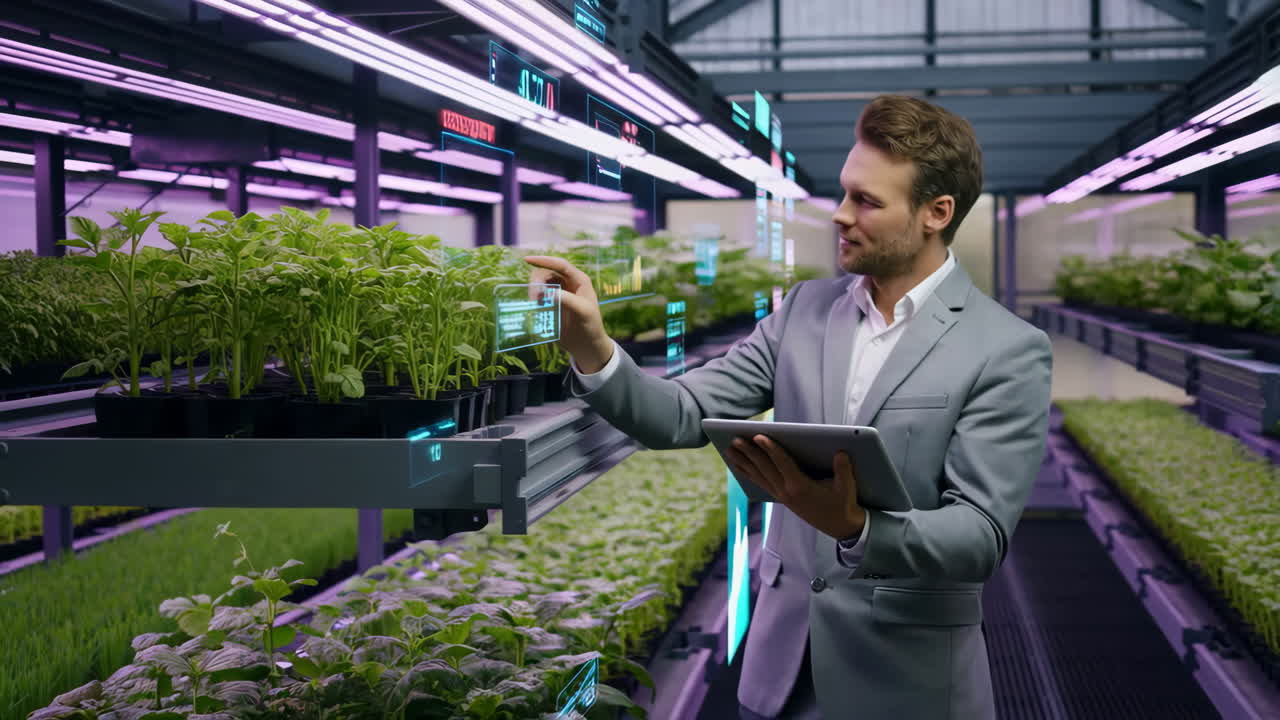 Man monitoring plant growth in a futuristic vertical farm with augmented reality