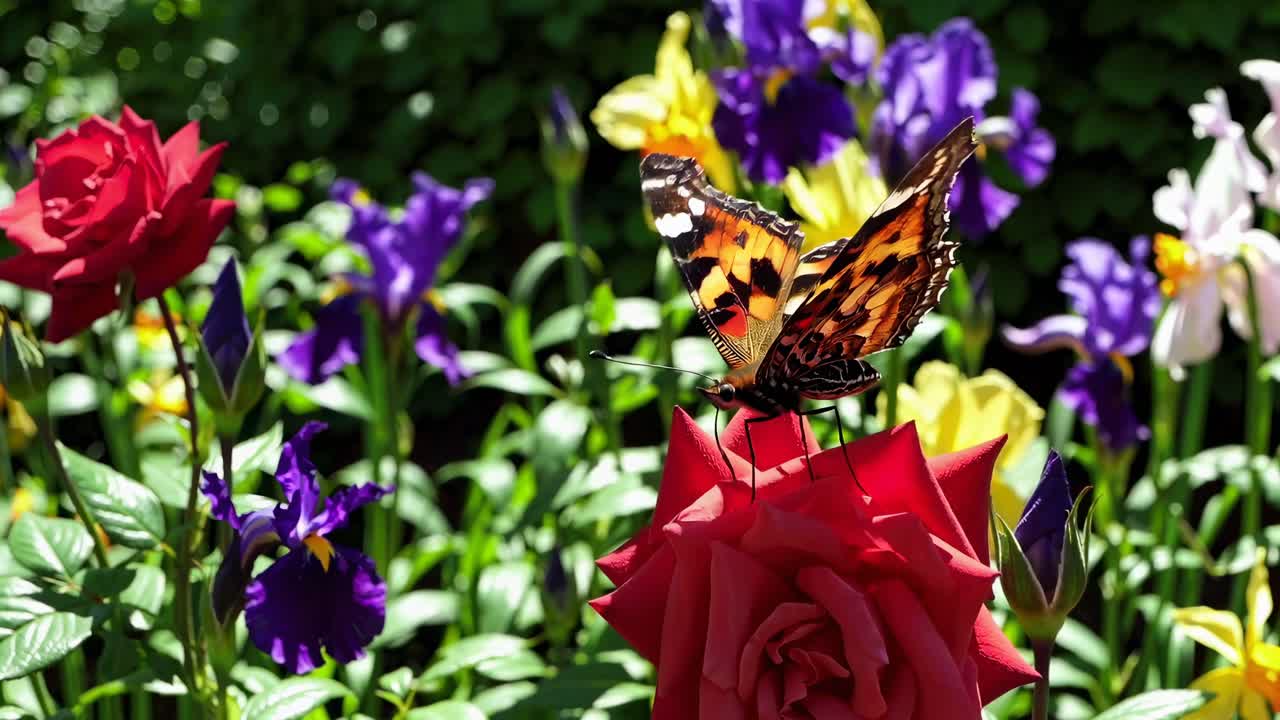 Vibrant garden scene with roses and irises in full bloom, captured from a low angle