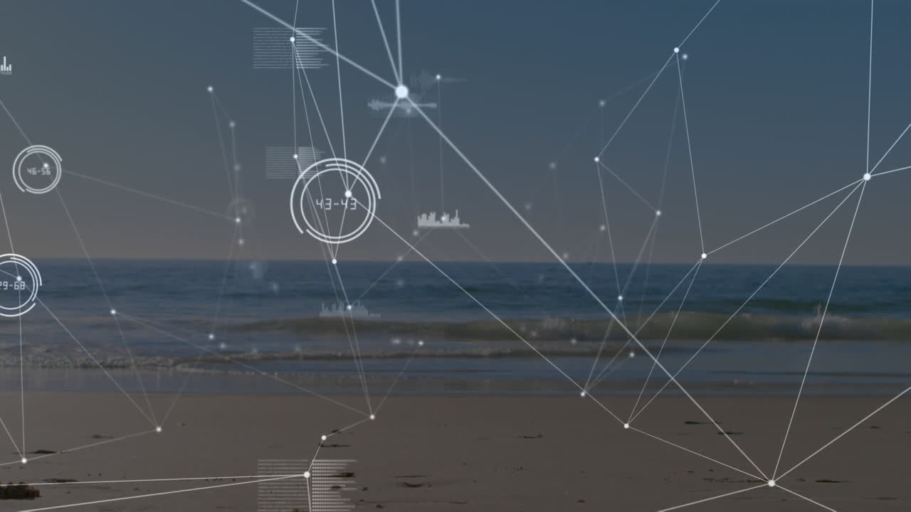 Animation of network of connections and data processing over fit woman running by seaside