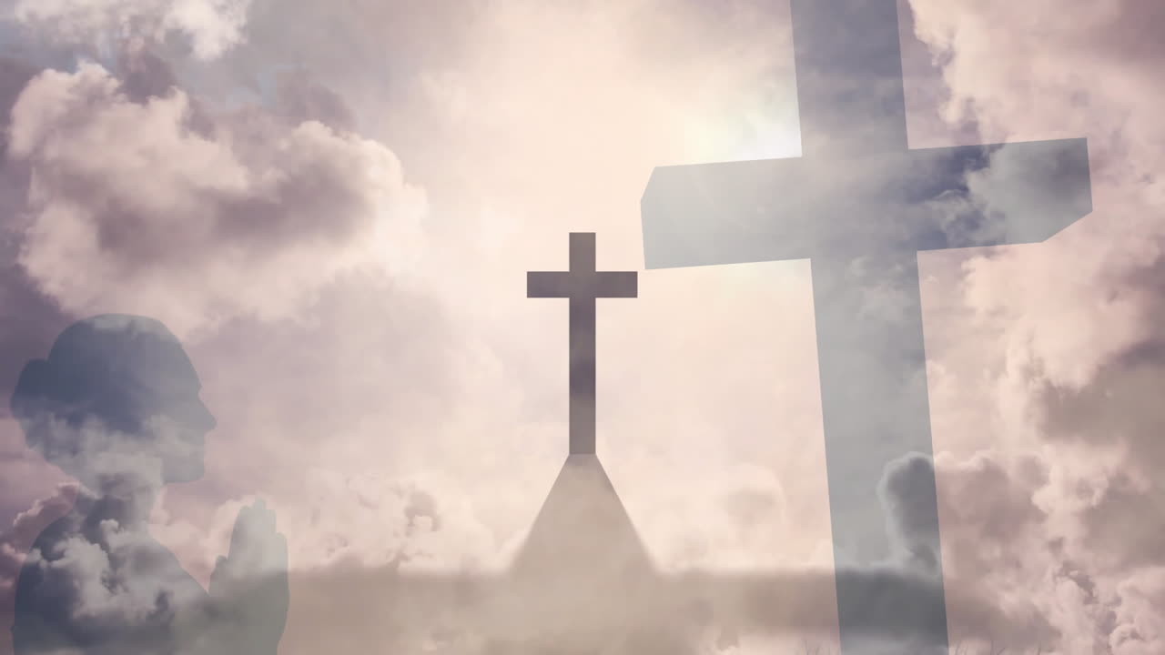 Silhouetted crosses with clouds creating serene, spiritual animation in sky