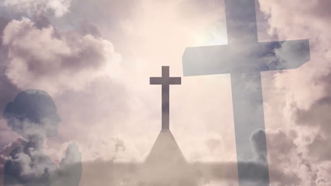 Silhouetted crosses with clouds creating serene, spiritual animation in sky