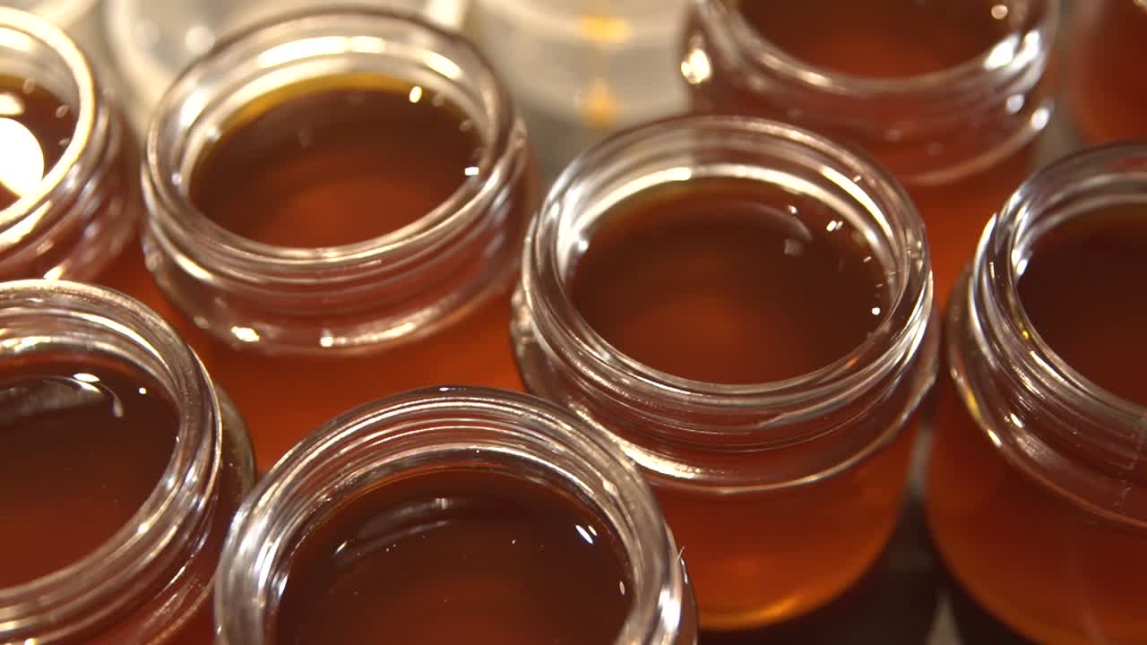 Olio caldo per unguento di cannabis conservato in molti piccoli contenitori, inquadratura dall'alto