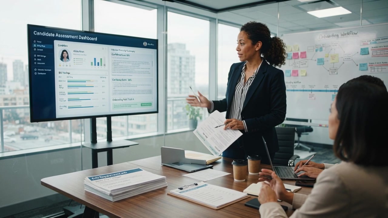 Pointing presenter in blazer assessing candidate showing dashboard in office peer noting